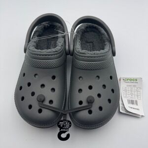 Crocs Classic Lined Clog Charcoal Grey Fuzzy Slipper Shoe 203591-0EX M 5 W 7 NWT